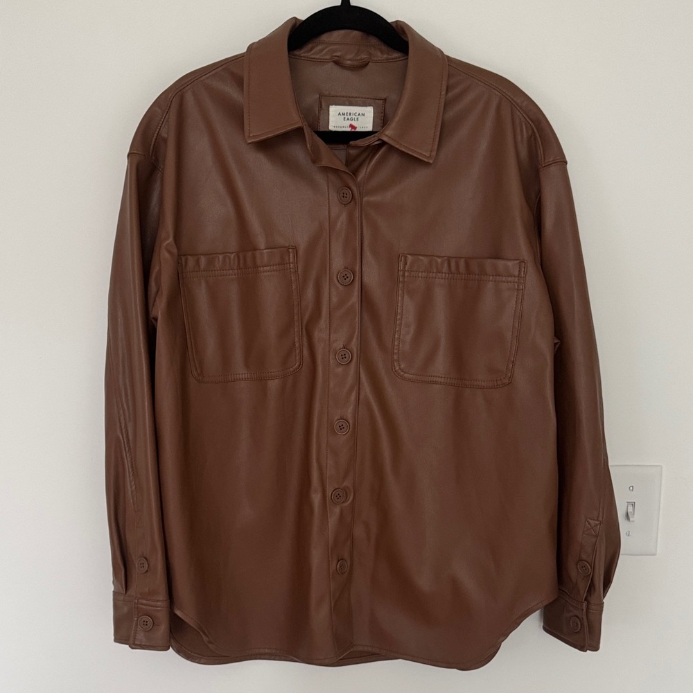 American Eagle Pleather Brown Button-Up Shirt/Sha… - image 3